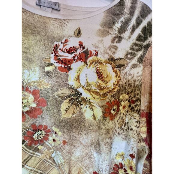 Vtg Y2K Lapis Large Floral Animal Print Boho Jeweled Top - Picture 2 of 6